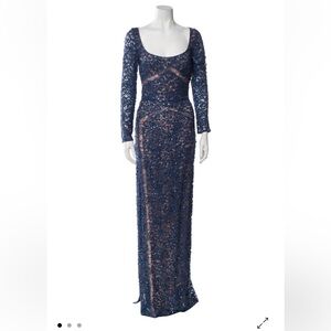 New With Tag ELIE SAAB Scoop Neck Elegant Blue Sequin Gown